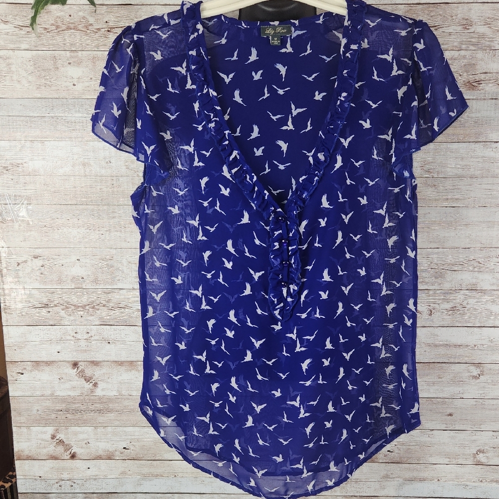 Lily Rose Purple Sheer Bird Print Blouse - Picture 4 of 9
